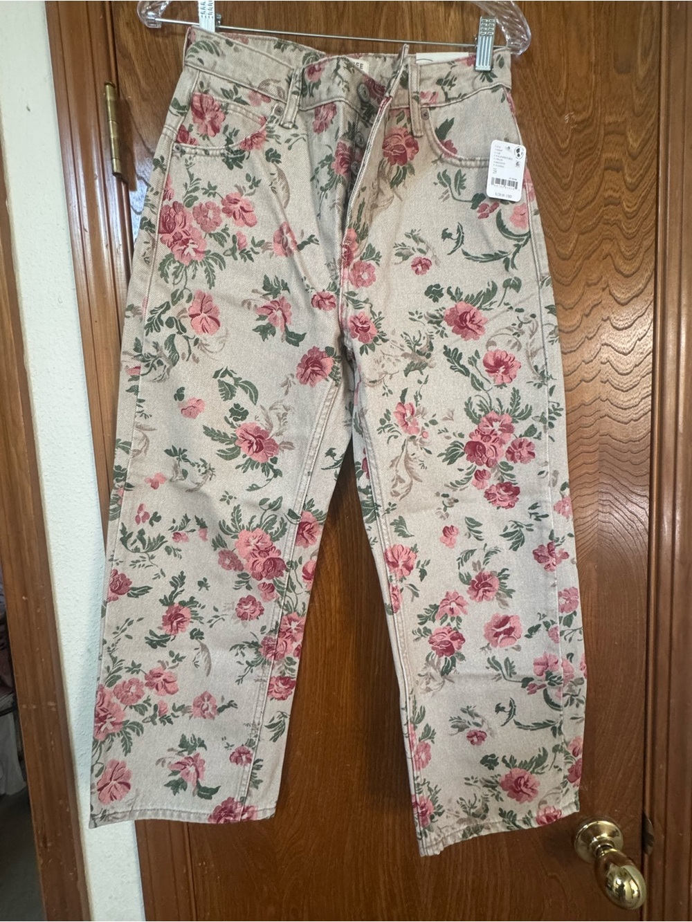 We The Free Straight-Leg Jeans with Pink Rose Floral Print on Beige